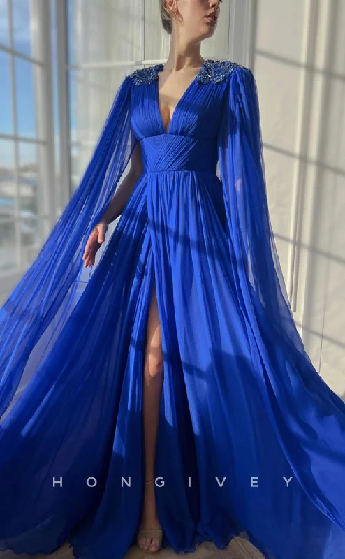 Elegant evening dress -L2571 - Chic Tulle A-Line V-Neck Empire With Bolero Beaded Appliques With Side Slit Train Party Prom Evening Dress