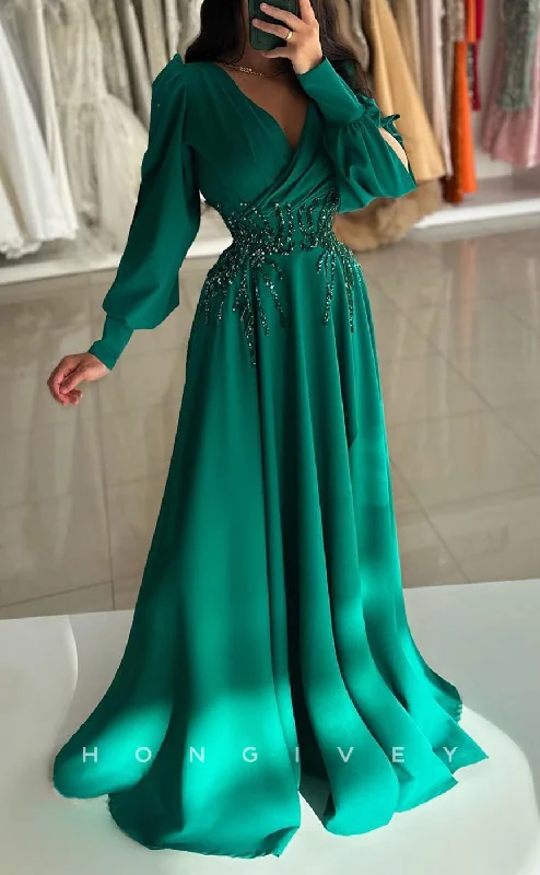 Embellished evening dress -L2573 - Chic Satin A-Line V-Neck Long Sleeve Empire Beaded Appliques Ruched Party Prom Evening Dress