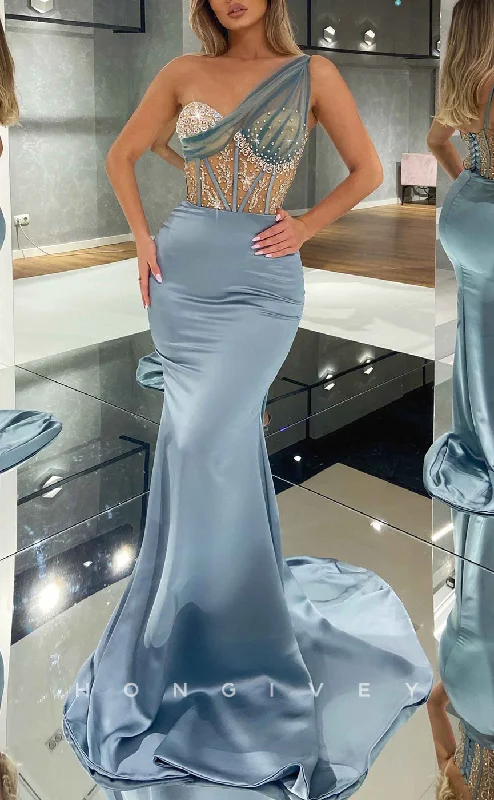 Evening dress with ruched bodice -L2575 - One Shoulder Illusion Empire Beaded Appliques Sexy Satin Trumpet Party Prom Evening Dress