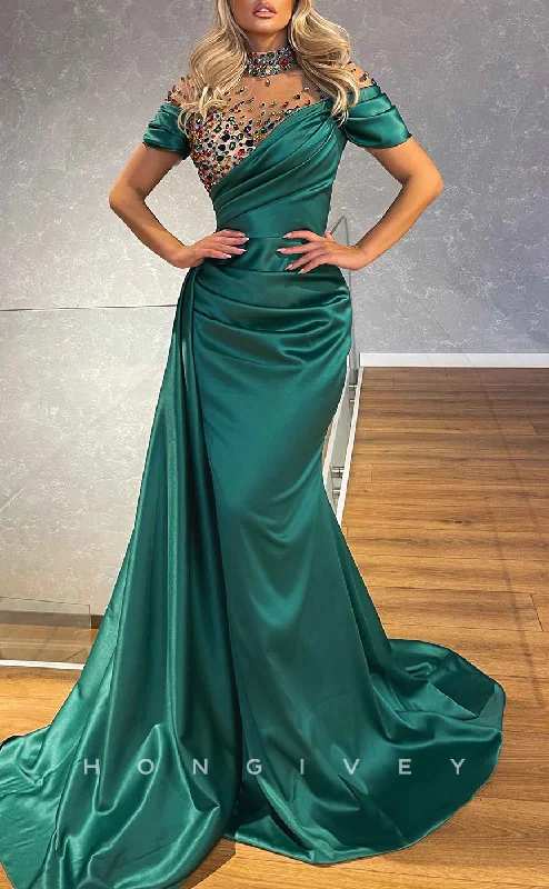 Evening dress for charity event -L2577 - Sexy Satin Trumpet High Neck Short Sleeves Empire Beaded Ruched With Train Party Prom Evening Dress