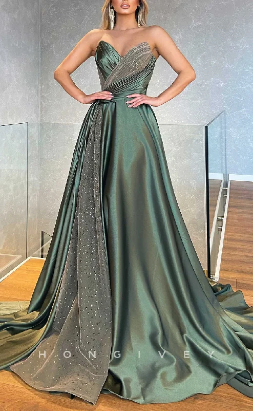 Evening dress with lace-up back -L2581 - Chic Satin A-Line V-Neck Sleeveless Empire Beaded Ruched With Train Party Prom Evening Dress