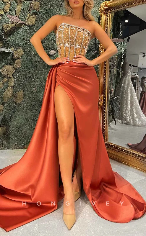 Satin evening dress -L2586 - Asymmetrical Strapless Empire Beaded Appliques Ruched With Side Slit Train Sexy Party Prom Evening Dress