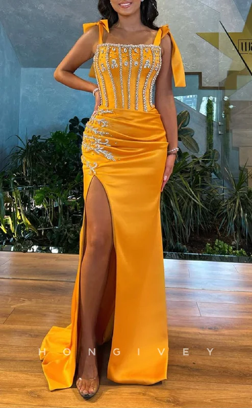 Evening dress with sweetheart neckline -L2591 - Chic Square Strappy Empire Beaded Pleats With Side Slit Train Satin Fitted Party Prom Evening Dress