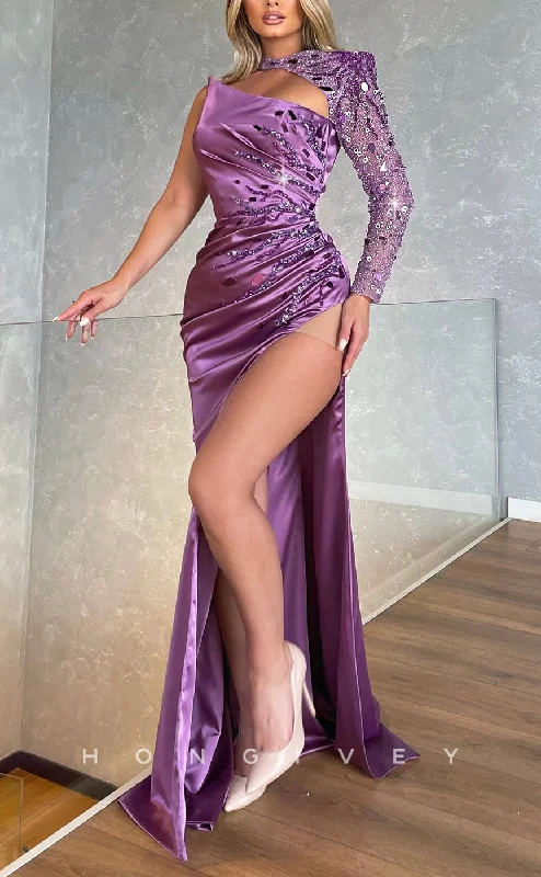 Chic evening dress -L2592 - Sexy Satin Fitted One Shoulder Long Sleeve Beaded Pleats Empire High Slit Gown Party Prom Evening Dress