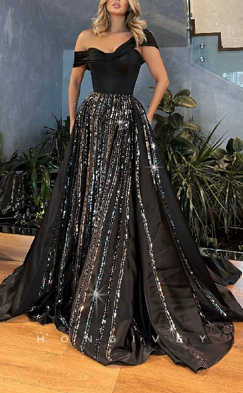 Evening dress with metallic finish -L2596 - Chic Satin A-Line Asymmetrical Off-Shoulder Empire Beaded Appliques With Pockets Party Prom Evening Dress