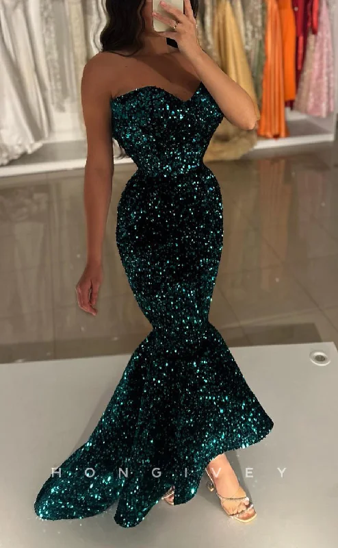 Evening dress with asymmetrical hem -L2607 - Sexy Glitter Trumpet Sweetheart Strapless Empire Sequined Party Prom Evening Dress