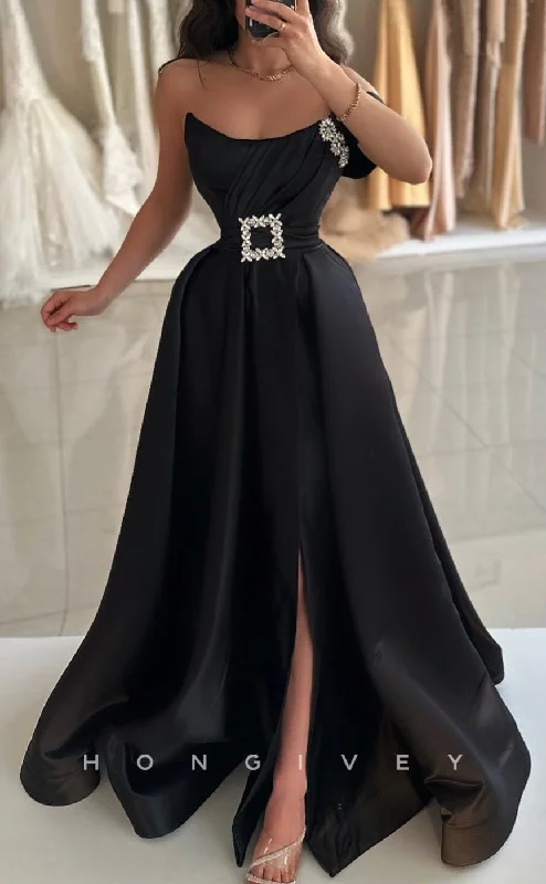 Evening dress for fancy dinner -L2609 - Sexy Satin A-Line One Shoulder Empire Beaded Belt With Side Slit Train Party Prom Evening Dress