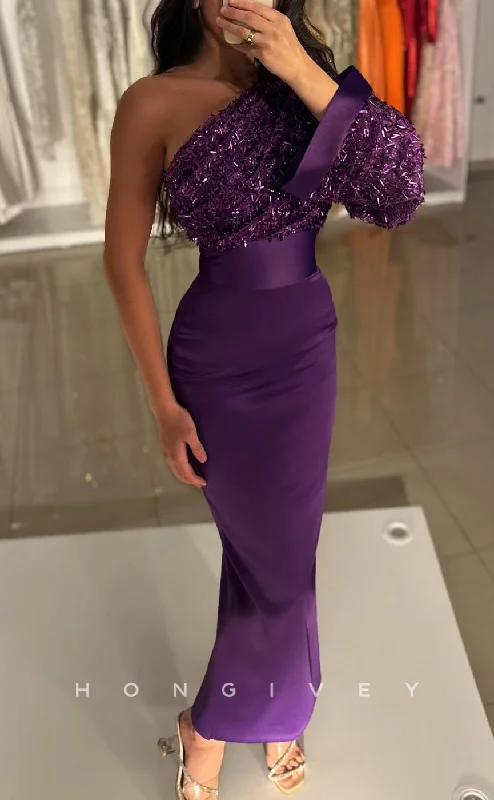 Elegant long evening dress -L2611 - Elegant Satin Fitted One Shoulder Sequined Long Sleeve Empire Party Prom Evening Dress