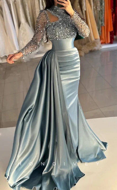 Evening dress with sheer panels -L2612 - Modern Satin Fitted High Neck Long Sleeves Ruched Sequined With Train Party Prom Evening Dress