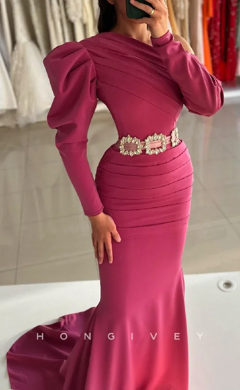 Evening dress with beaded embellishments -L2613 - Simple Satin Trumpet Asymmetrical Long Sleeve Empire Belt With Train Party Prom Evening Dress