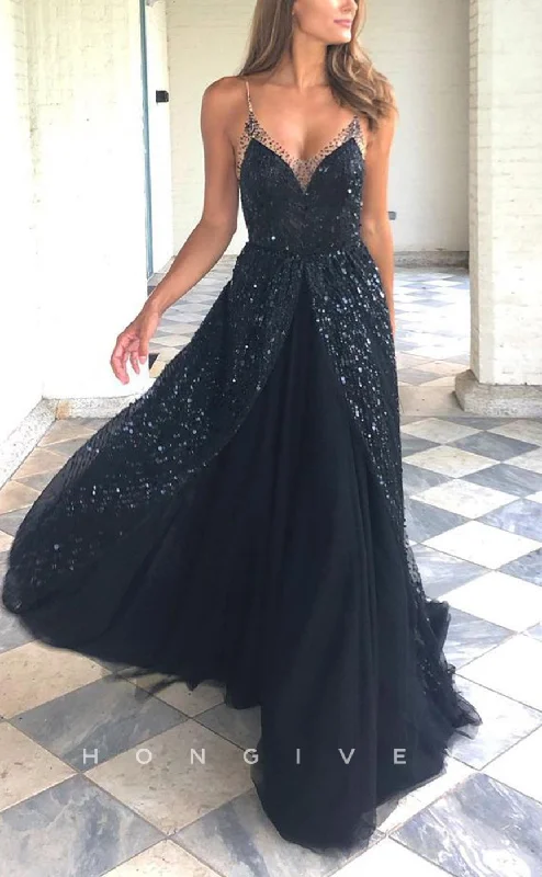 Evening dress for wedding guest -L2628 - Chic Tulle A-Line V-Neck Spaghetti Straps Empire Sequined With Train Party Prom Evening Dress