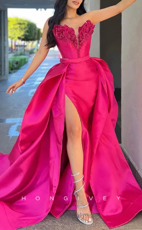 Evening dress for winter -L2631 - Chic Satin A-Line Sweetheart Strapless Empire Beaded With Side Slit Train Party Prom Evening Dress