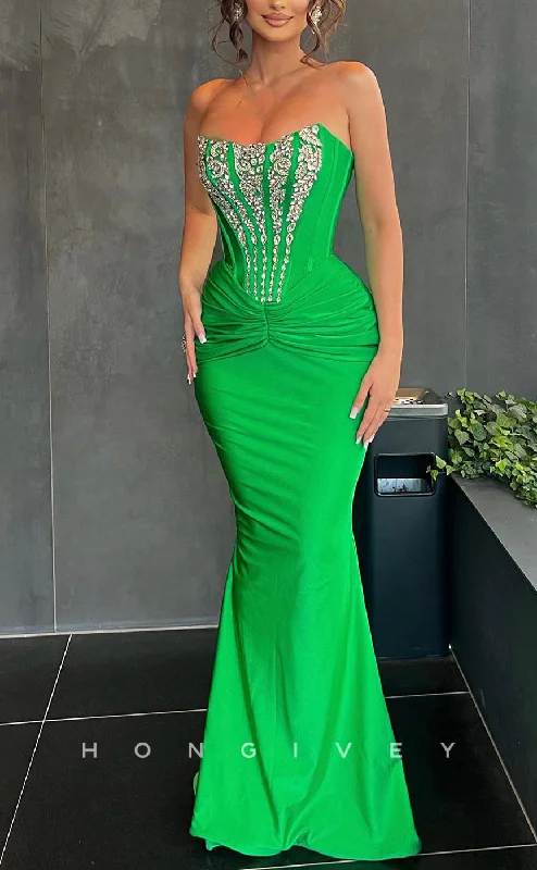 Evening dress with floral design -L2633 - Bateau Strapless Satin Trumpet Empire Beaded Ruched Chic Party Prom Evening Dress