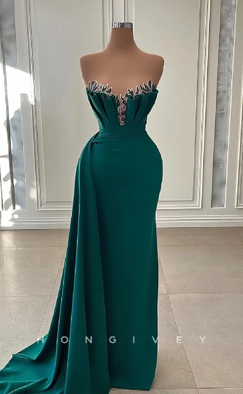 Evening dress for cocktail party -L2649 - Chic Satin A-Line Sweetheart Strapless Sleeveless Empire Beaded With Train Party Prom Evening Dress