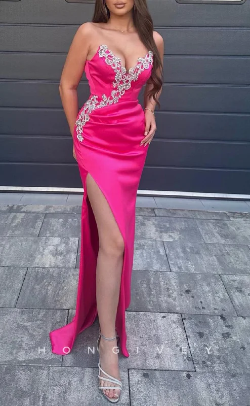 Evening dress with V-neck -L2650 - Sexy Satin Fitted V-Neck Strapless Empire Beaded Appliques With Side Slit Party Prom Evening Dress