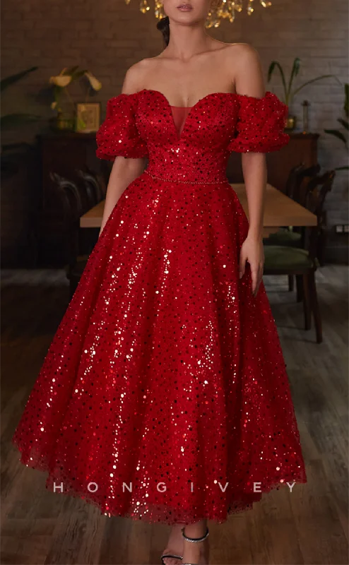 Off-shoulder evening dress -L2662 - Red Off-Shoulder Sequined Tulle A-Line Party Prom Evening Dress