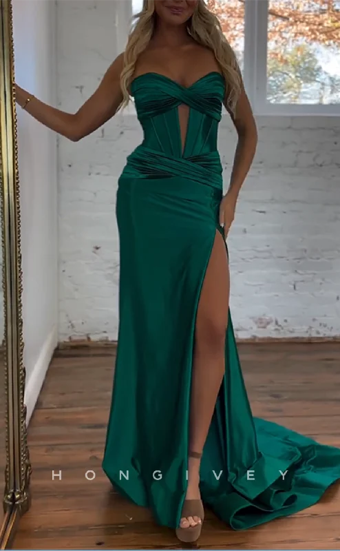 Evening dress for party -L2676 - Sweetheart Strapless Illusion Empire Ruched With Side Slit Party Prom Evening Dress