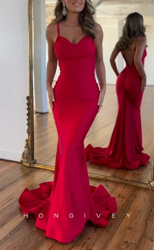 Evening dress for wedding -L2677 - Sexy Satin Trumpet Sweetheart Spaghetti Straps With Train Party Prom Evening Dress