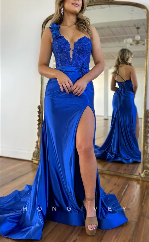 Evening dress for women -L2678 - One Shoulder Empire Beaded Lace Applique With Side Slit Party Prom Evening Dress