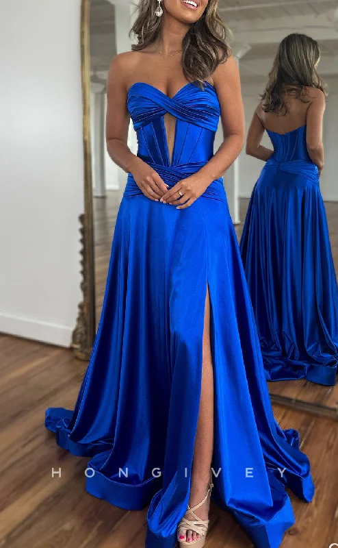 Sleeveless evening dress -L2679 - Sweetheart Strapless A-Line Empire With Side Slit Party Prom Evening Dress