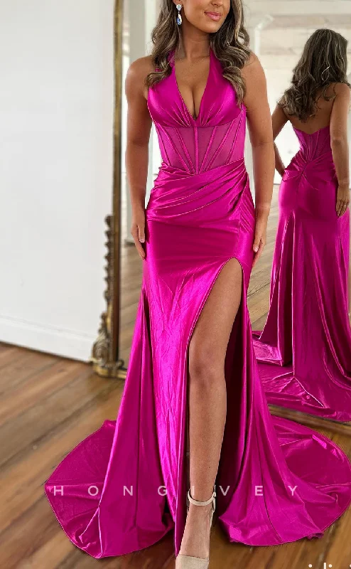 Formal evening dress -L2680 - Chic Satin Trumpet V-Neck Halter Pleats With Side Slit Party Prom Evening Dress