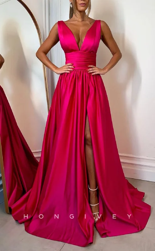 Cocktail evening dress -L2702 - Satin A-Line V-Neck Sleeveless Ruched With Side Slit Train Party Prom Evening Dress