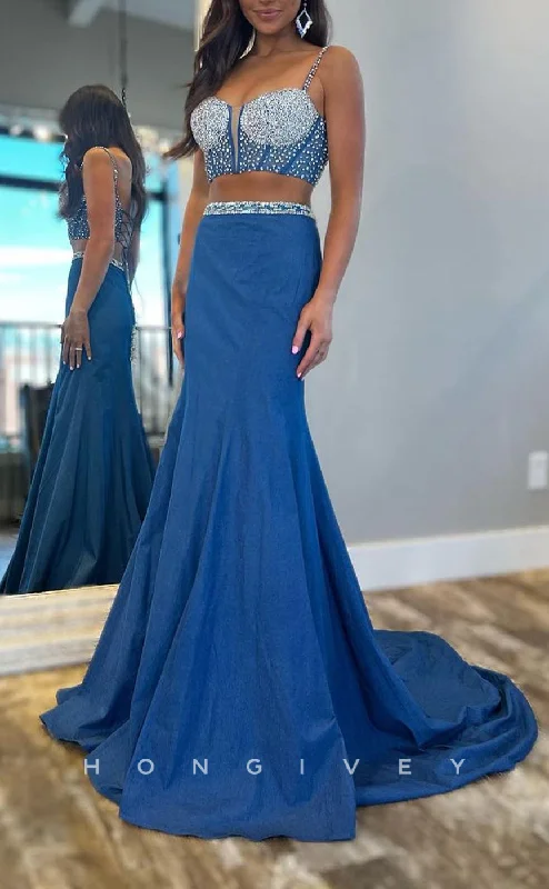 Evening dress with delicate lace trim -L2703 - Two-Piece Beaded Spaghetti Straps With Train Party Prom Evening Dress