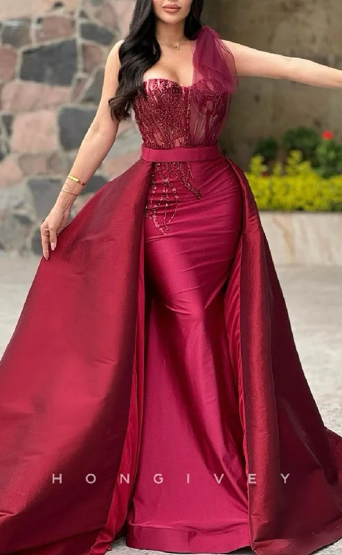 Chic evening dress -L2709 - Classic One Shoulder Beaded Appliques Detachable Train Party Prom Evening Dress