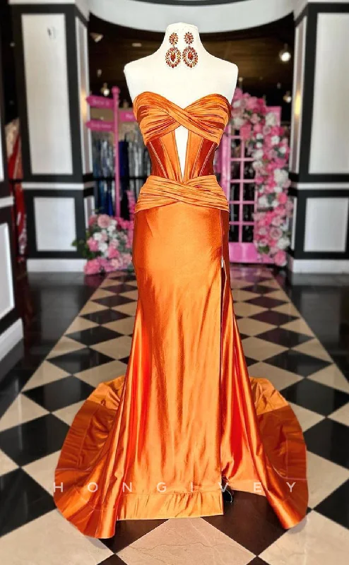 Evening dress with draped fabric -L2710 - Satin Trumpet Sweetheart Strapless With Side Slit Train Party Prom Evening Dress