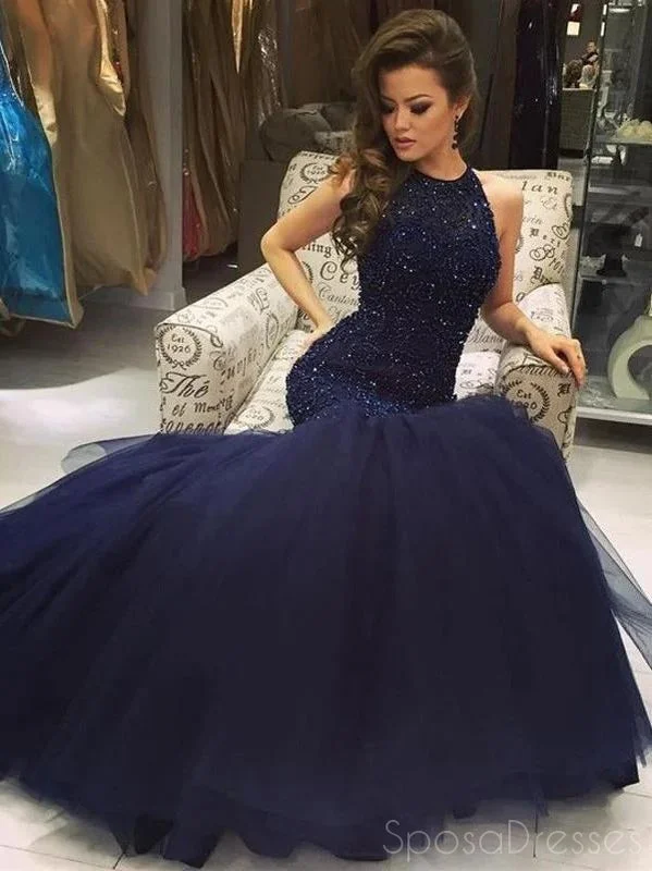 Evening dress with peplum -Halter Navy Blue Beaded Mermaid Long Prom Dresses, Sweet 16 Prom Dresses, 12361