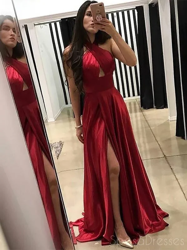 White evening dress -Halter Red Side Slit Red Long Evening Prom Dresses, Sweet 16 Prom Dresses, 12374