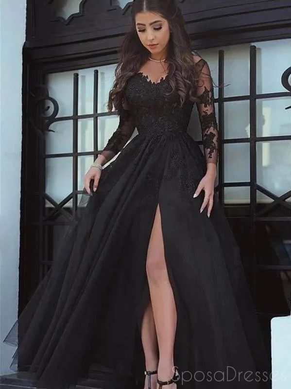 Evening dress with embroidery -Long Sleeves Black Side Slit Long Evening Prom Dresses, Sweet 16 Prom Dresses, 12364