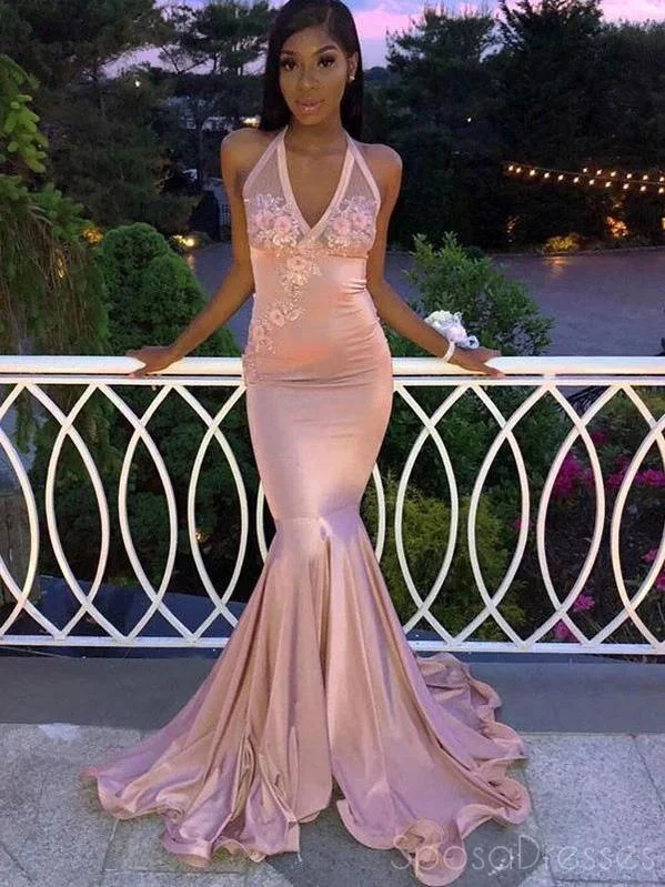 Evening dress with gold accents -Mermaid Halter Pink Applique Long Prom Dresses, Sweet 16 Prom Dresses, 12518