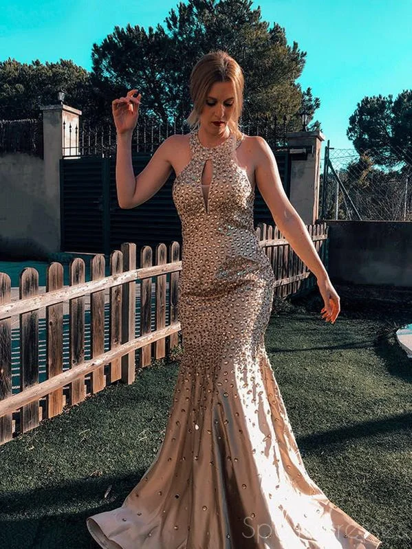 Evening dress with tiered skirt -Mermaid Halter Rhinestone Sleeveless Prom Dresses, Sweet 16 Prom Dresses, 12410