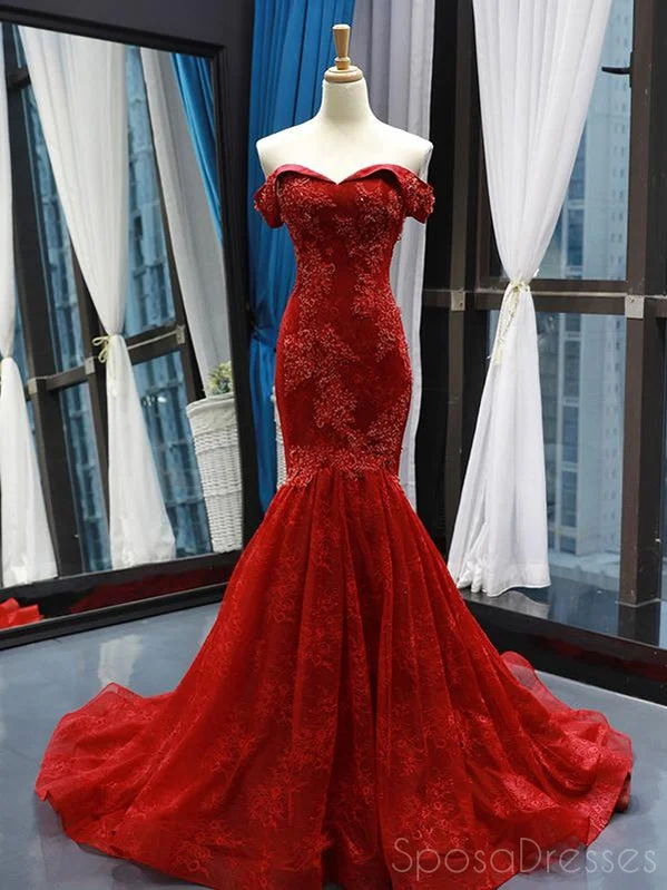 Black evening dress -Mermaid Lace Strapless Red Long Prom Dresses, Sweet 16 Prom Dresses, 12503