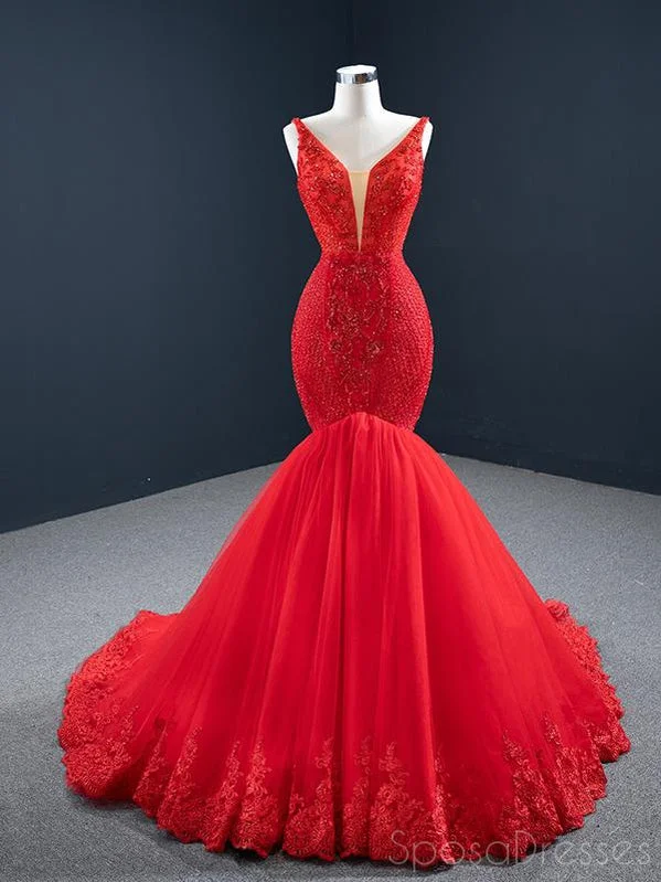 Evening dress for black tie gala -Mermaid Red Sleeveless Beading Prom Dresses, Sweet 16 Prom Dresses, 12507