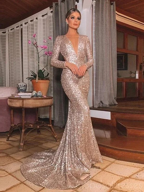 Evening dress with sheer panels -Mermaid V Neck Long Sleeves Long Prom Dresses, Sweet 16 Prom Dresses, 12519