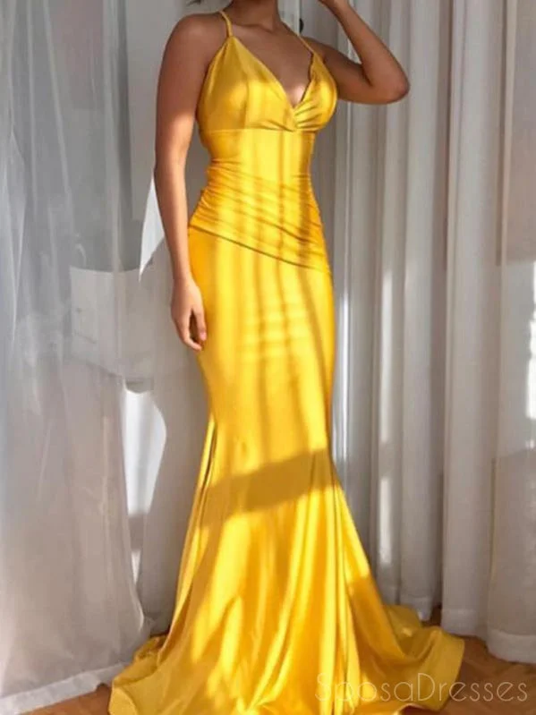 Evening dress for upscale party -Mermaid V Neck Sleeveless Yellow Long Prom Dresses, Sweet 16 Prom Dresses, 12457