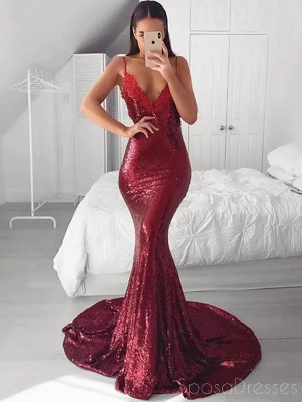 Evening dress with crystals -Mermaid V Neck Spaghetti Straps Long Prom Dresses, Sweet 16 Prom Dresses, 12425