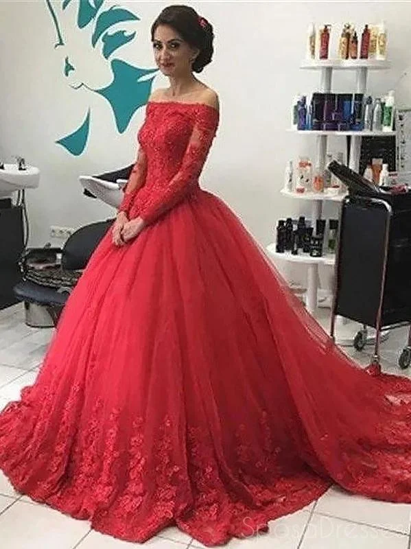 Plus size evening dress -Off Shoulder Long Sleeves Cheap Long Prom Dresses, Sweet 16 Prom Dresses, 12371