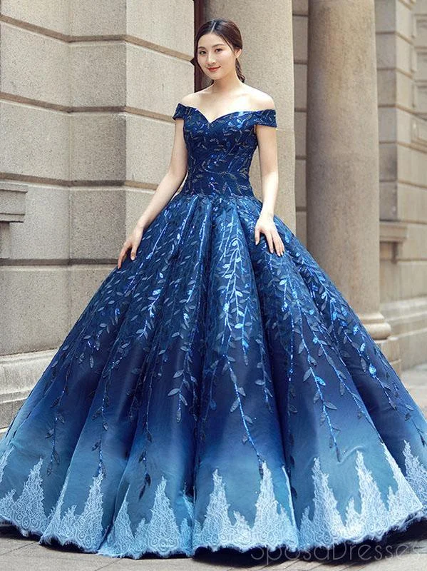 Evening dress for charity event -Off Shoulder Navy Blue Ball Gown Prom Dresses, Sweet 16 Dresses, Quinceanera Dresses, 12382