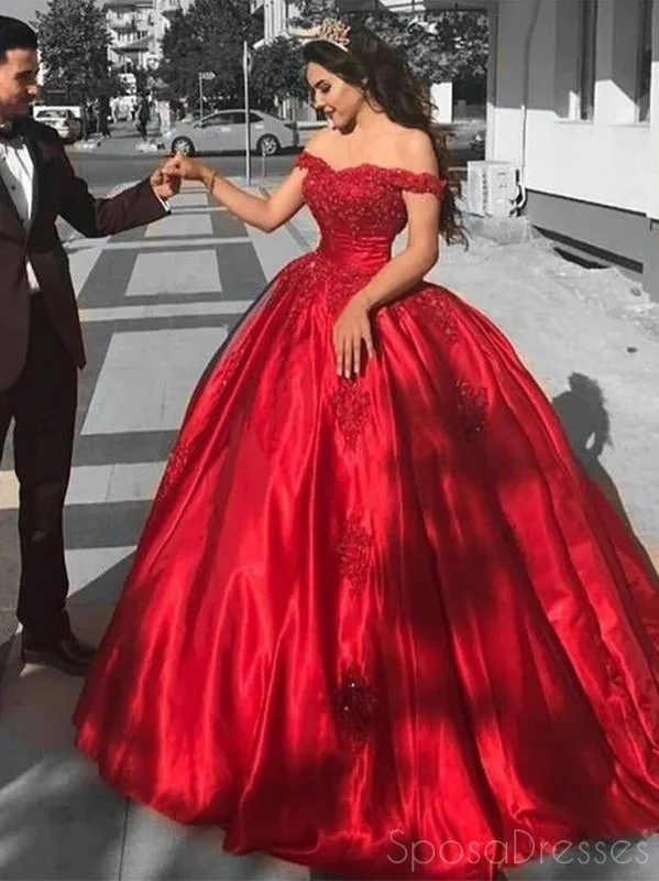 Elegant evening dress for cocktails -Off Shoulder Red Ball Gown Long Prom Dresses, Sweet 16 Prom Dresses, 12381