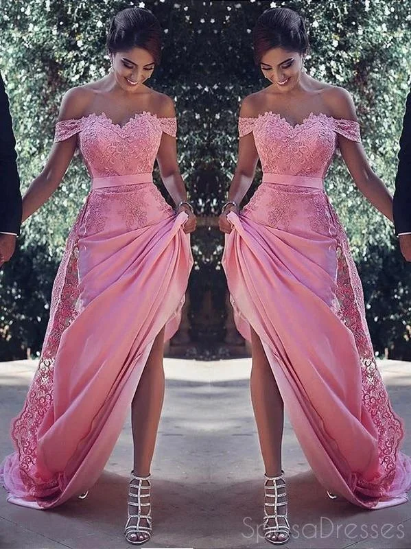 Evening dress with high neck -Off The Shoulder Pink Lace Long Evening Prom Dresses, Sweet 16 Prom Dresses, 12368