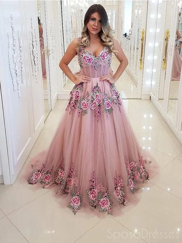 Evening dress for formal events -Pink A-line Applique Sleeveless V Neck Prom Dresses, Sweet 16 Prom Dresses, 12480