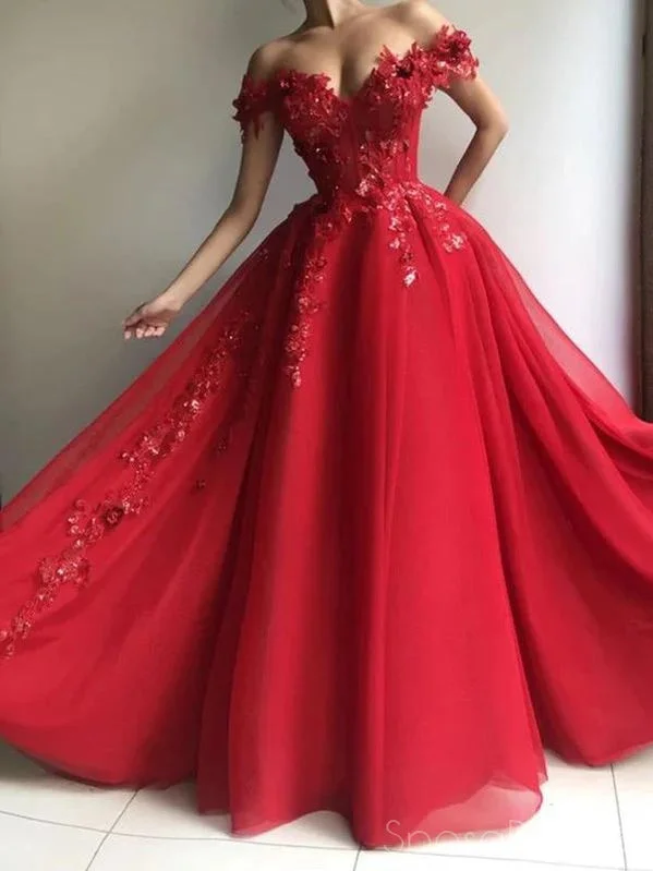 Evening dress with crystal accents -Red A-line Off The Shoulder Long Prom Dresses, Sweet 16 Prom Dresses, 12413