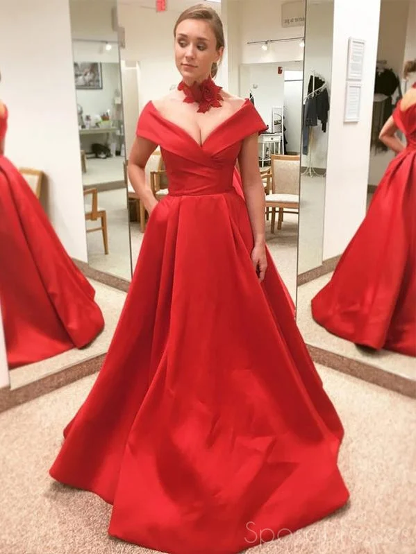 Evening dress with wrap design -Red A-line V Neck Off The Shoulder Prom Dresses, Sweet 16 Prom Dresses, 12477