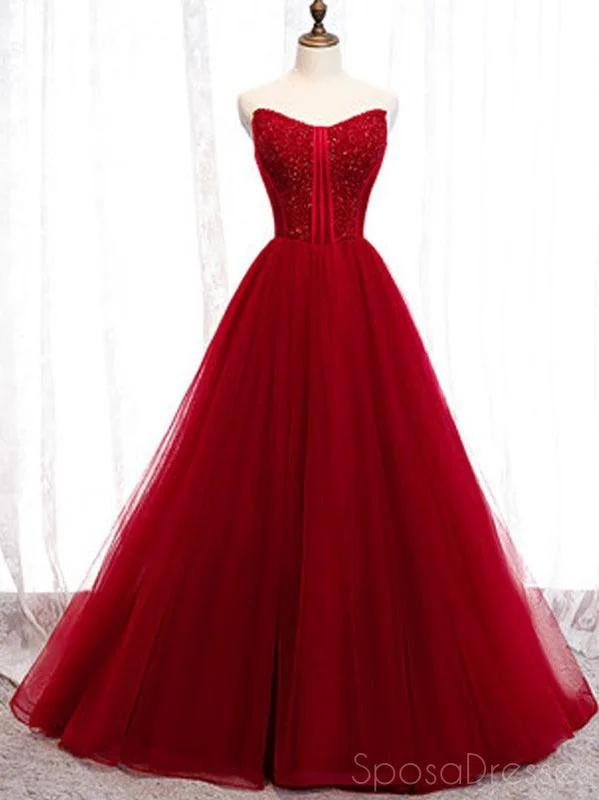 Evening dress with beaded embellishments -Red Tulle A-line Cheap Long Evening Prom Dresses, Sweet 16 Prom Dresses, 12352