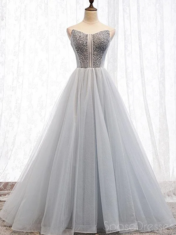 Evening dress with floral design -Scoop Grey Tulle A-line Cheap Long Evening Prom Dresses, Sweet 16 Prom Dresses, 12360