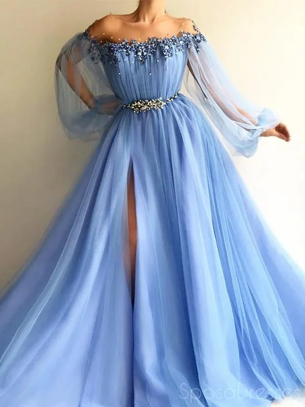 Evening dress for cocktail party -Scoop Off The Shoulder Slit Blue Cheap Long Prom Dresses, Sweet 16 Prom Dresses, 12367