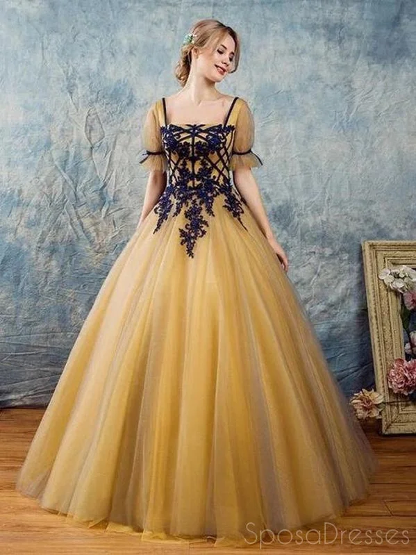 Evening dress with train -A-line Half Sleeves Gold Tulle Long Prom Dresses, Sweet 16 Prom Dresses, 12359